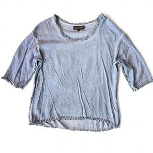 Flora Ashley Blue top with frayed hem 3/4 long sleeve shirt womens Size‎ S